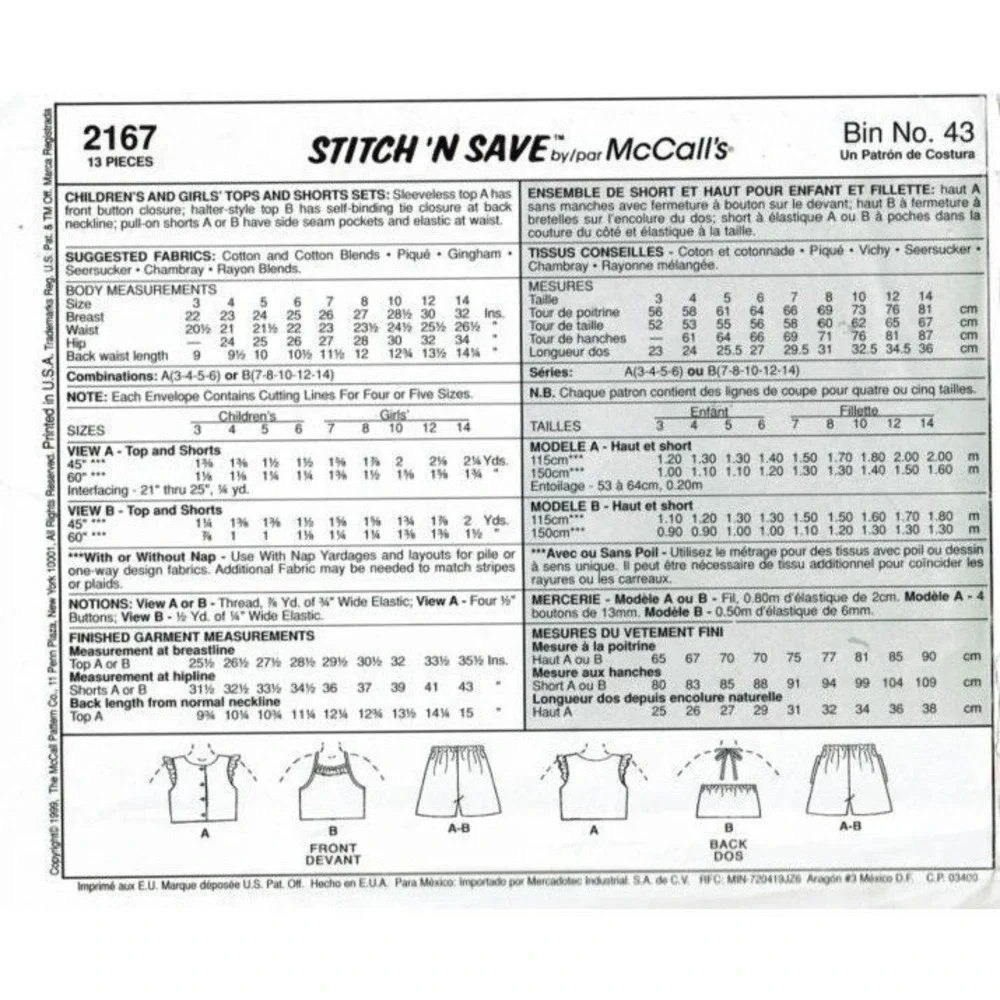 McCalls Sewing Pattern 2167 Top Shorts Girls Size‎ 3-6
